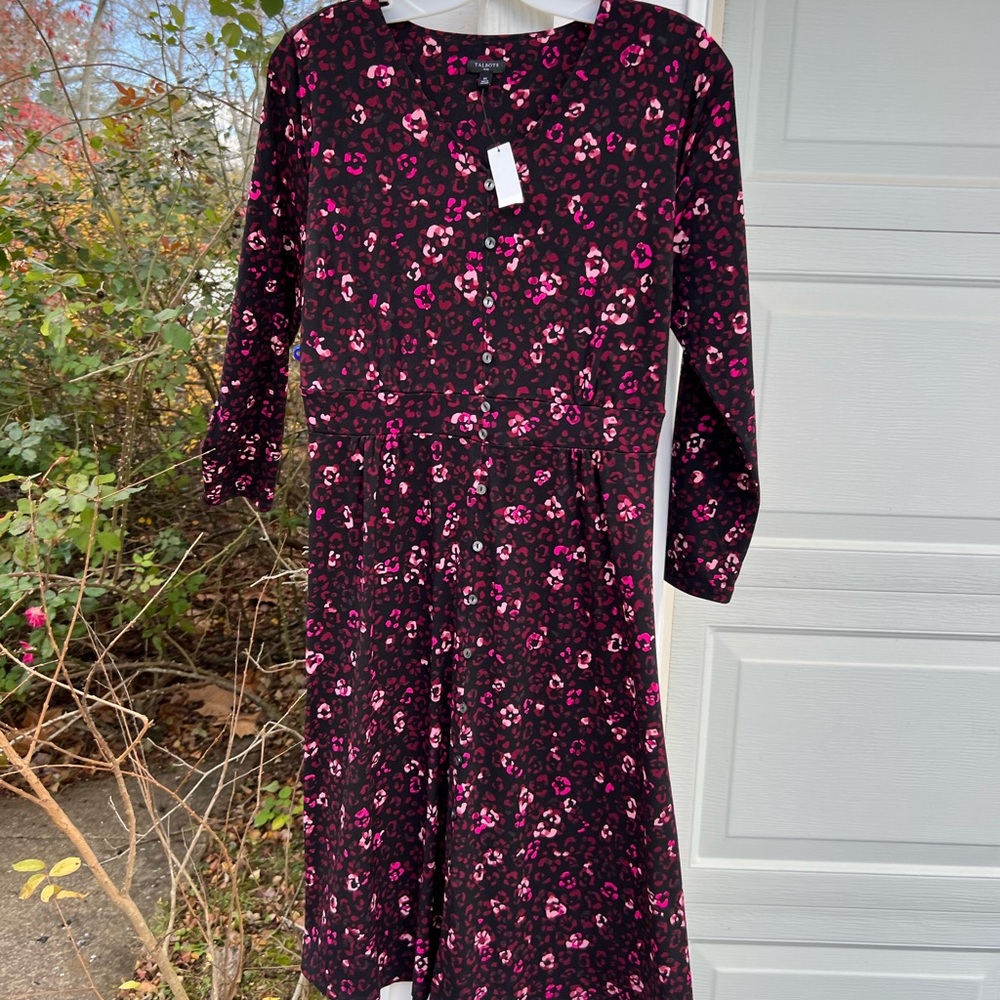 NWT Talbots Great for Boots! Black Pink Red Floral Button Down MIDI Dress